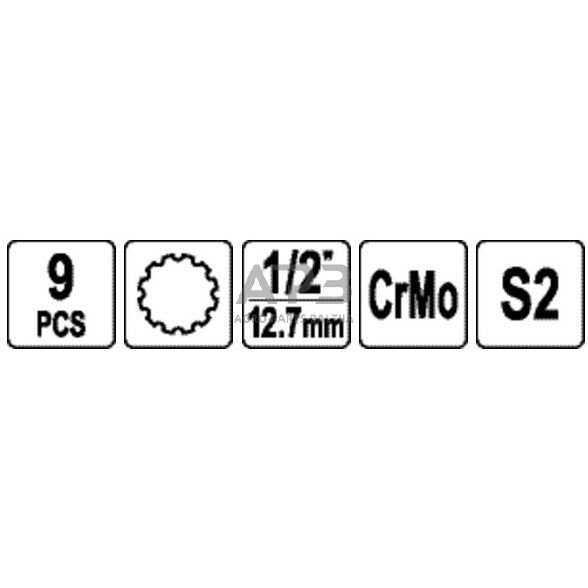 1/2" Galvučių smūginių su antgaliais rinkinys (SPLINE) (9vnt) 2