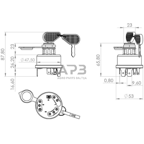 Case IH 3210 SW10009KR Uždegimo jungiklis su raktu, 12/24V, 4 padėtys, 16A, ašmenų gnybtai 3