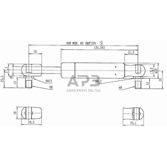 Dujinis amortizatorius L205mm 100N Stabilus CA957003 2