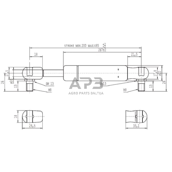 Dujinis amortizatorius L485mm 1150N Stabilus CA095338 2