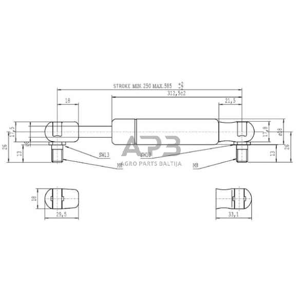 Dujinis amortizatorius L585mm 350N Stabilus CA094668 2