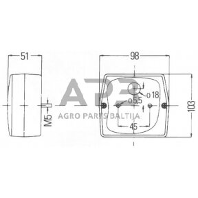 Galinis žibintas kvadratas, 12V, raudona/oranžinė, 98x51x103mm, 5 kontaktų, Hella 2SE998530077