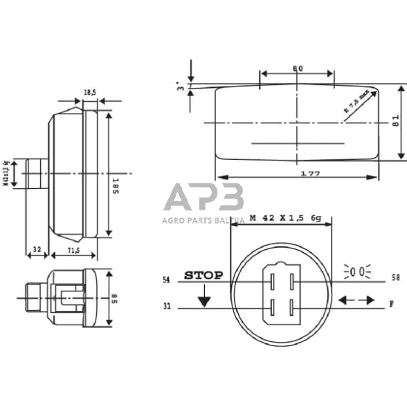 Galinis žibintas dešininis stačiakampis, raudona/gintarinė, 185x85mm AMP kištukas, Cobo 02487000 1