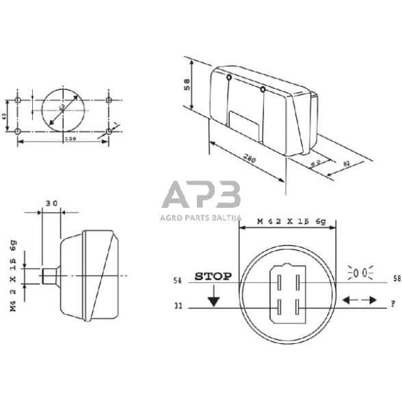 Galinis žibintas dešininis stačiakampis, raudona/gintarinė, 280x120mm AMP kištukas, Cobo 02257000 1