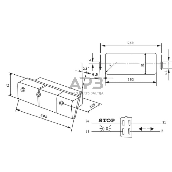 Galinis žibintas dešininis stačiakampis, raudona/gintarinė, 305x62x100mm Cobo 02351000 2