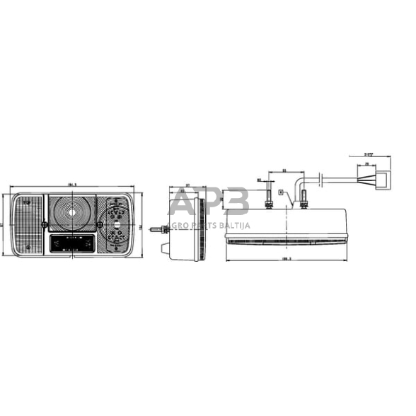 Galinis žibintas dešininis stačiakampis, skaidrus/gintarinė/raudona, 189.5x97mm AMP kištukas, Cobo 02106400 1