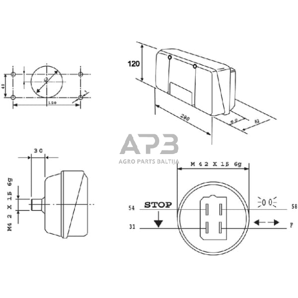 Galinis žibintas kairinis stačiakampis, raudona/gintarinė, 280x120mm AMP kištukas, Cobo 02256000 1