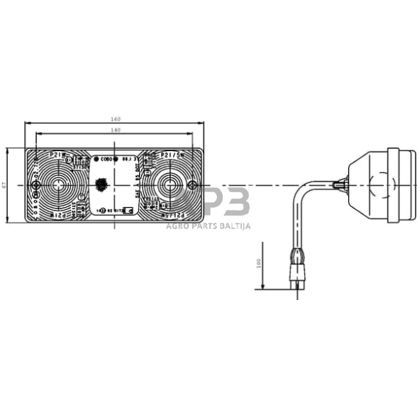 Galinis žibintas stačiakampis, raudona/gintarinė, 160x67mm AMP kištukas, Cobo 02752000 2