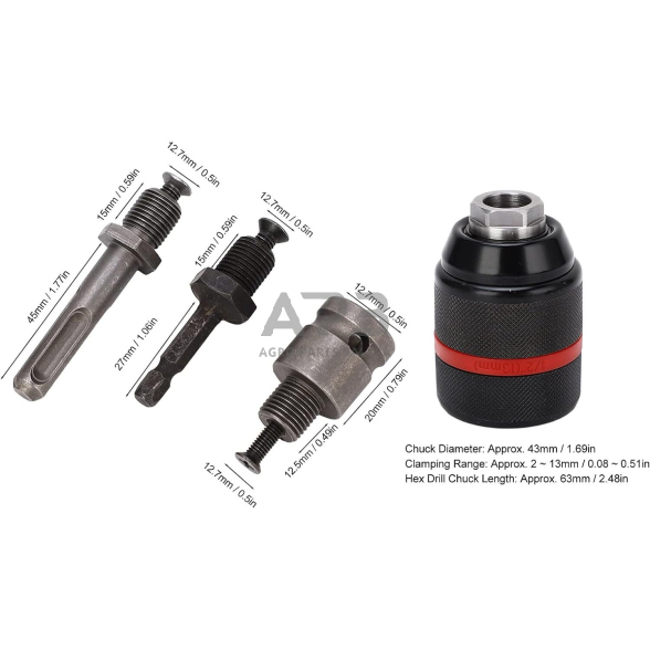 Griebtuvas gręžtuvui 1/2'' Ø2-13mm su adapteriais 4vnt. 2