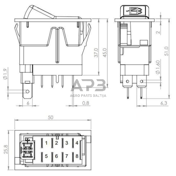 Klavišinis jungiklis 12V, 8 kontaktų SW10044KR 4