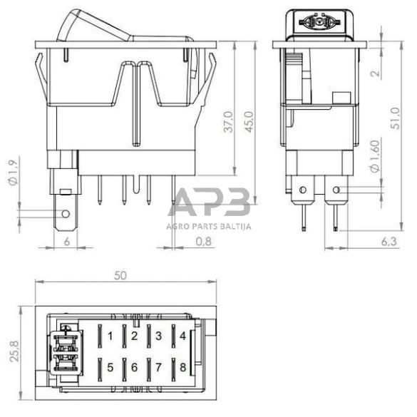 Klavišinis jungiklis 12V, 8 kontaktų SW10043KR 3