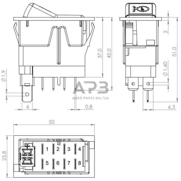 Klavišinis jungiklis 12V, 8 kontaktų SW10051KR 4