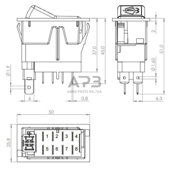 Klavišinis jungiklis 12V, 8 kontaktų SW10058KR 4