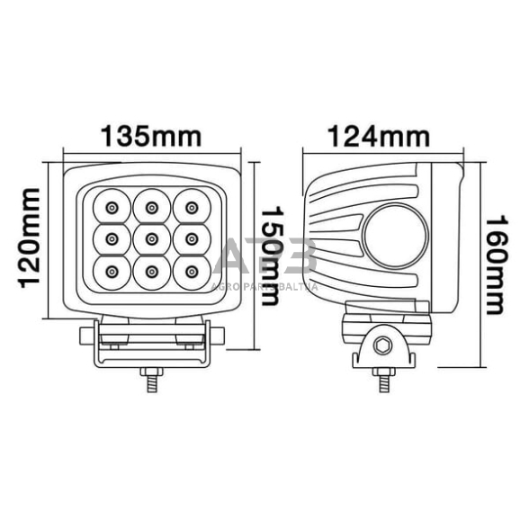 LED darbo žibintas kvadratinis 90W, 8100lm, 10/30V, 150x124x135mm, 9 LED LA10083 6