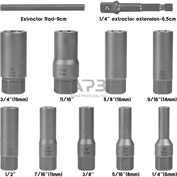 Pažeistų veržlių atsukėjų 3/8'' rinkinys 11vnt. (6-19mm) 2