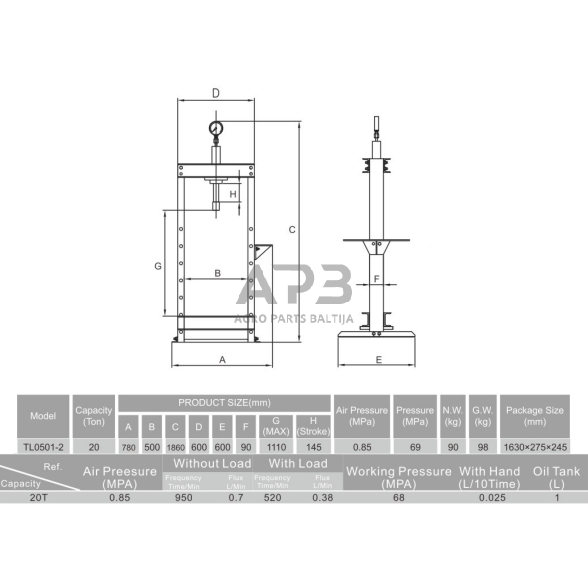 Pneumatinis / hidraulinis presas su manometru 20t 1