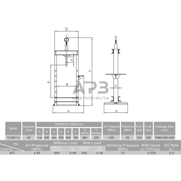 Pneumatinis / hidraulinis presas su manometru 40t 1