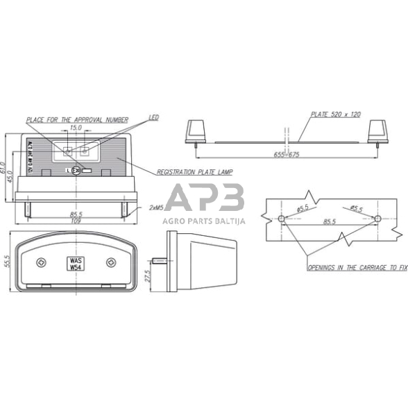 Priekabos numerio apšvietimo LED žibintas 12/24V, 109x55x61mm, Waś 1400300453 3