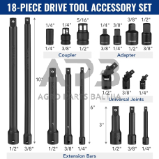 Smūginių prailgintojų ir adapterių rinkinys 1/4"+3/8"+1/2" 18vnt.