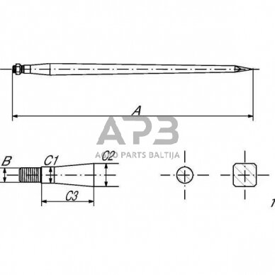 Krautuvo noragai, tiesūs, dvigubo T skerspjūvio, 36x1100 mm, smailus antgalis su M22x1,5 mm veržle, juodi, gopart RT1GP 2