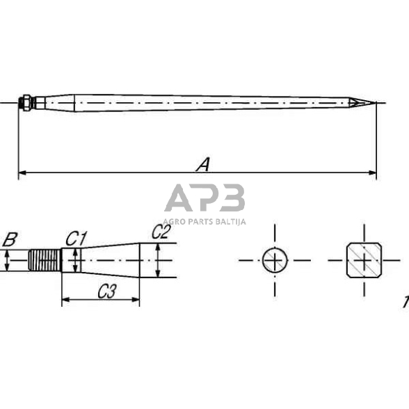 Krautuvo noragai, tiesūs, dvigubo T skerspjūvio, 36x1100 mm, smailus antgalis su M22x1,5 mm veržle, juodi, gopart RT1GP 2