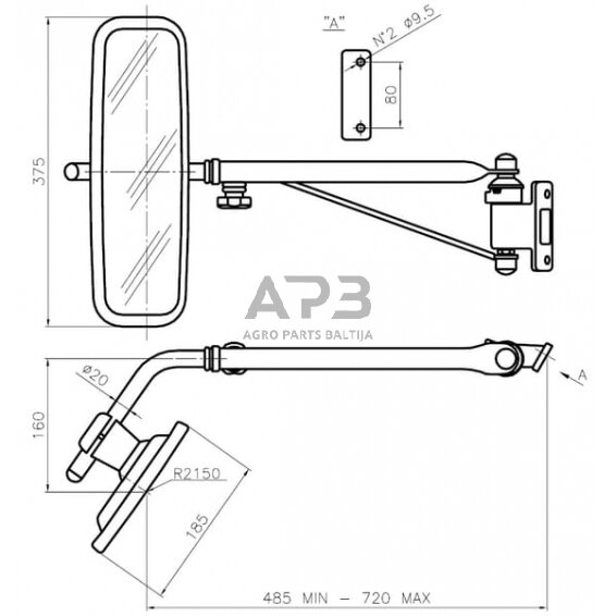 Veidrodėlis su laikikliu kairės pusės 375x187mm SMAT NORD CA6396001 2