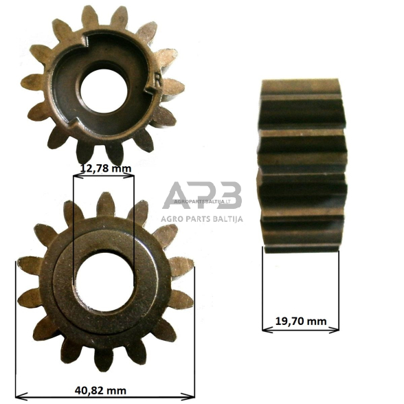 Vejapjovės ratuko dantratis dešinės pusės. 14 dantų. Išmatavimai mm 12,78 x 40,82 x 19,70 1