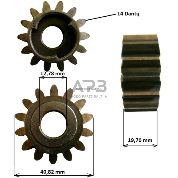 Vejapjovės ratuko dantratis kairės pusės. 14 dantų. Išmatavimai mm 12,78 x 40,82 x 19,70 1